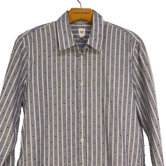 Gap Women's size Medium Tall Blue white silver striped long sleeve button up top - Picture 4 of 13